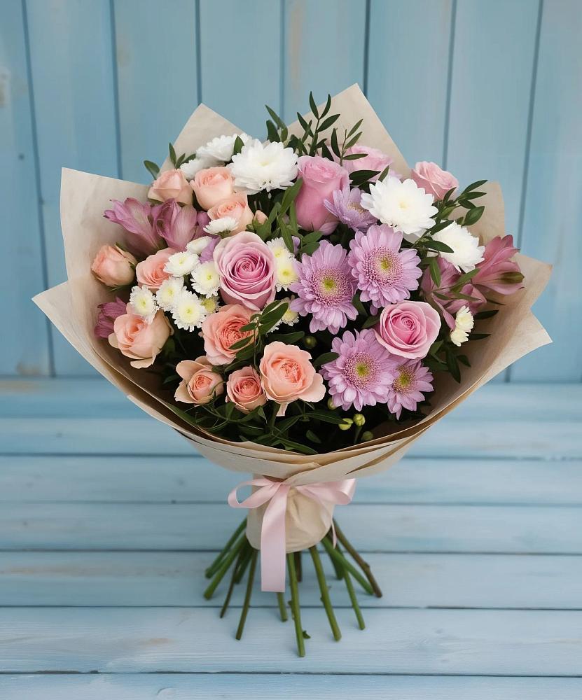 Букет цветов из: Хризантемы, Розы и Альстромерии в Атаманской