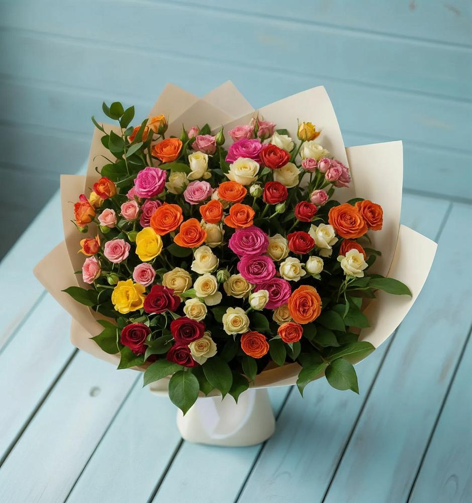 Букет Микс из разноцветных кустовых роз в Атаманской